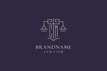 Initial letter CM logo with scale of justice logo design, luxury legal logo geometric style - obrazy, fototapety, plakaty