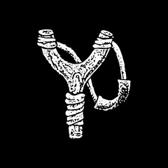 Slingshot Black Dotwork. Vector Illustration of Hand Drawn Objects.