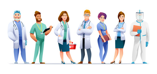 Fototapeta premium Set of medical doctor and nurse cartoon characters isolated on white background