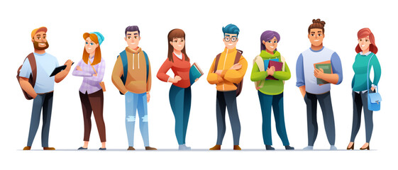 Set of young student characters in cartoon style