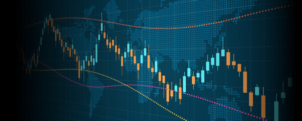 Obraz premium Financial chart with trading graph in stock market and world map on blue color background