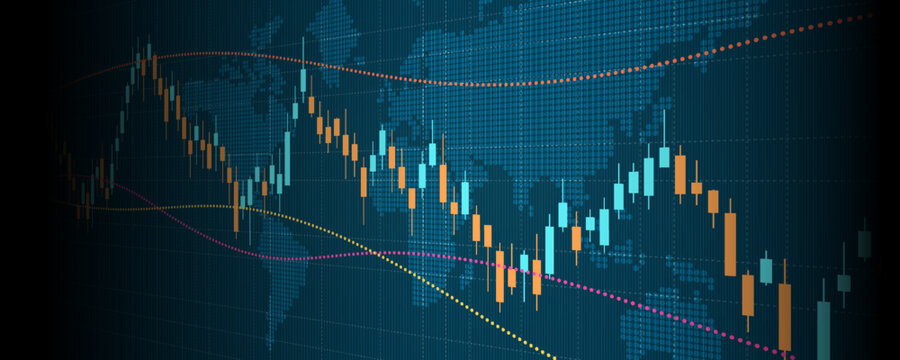 Financial chart with trading graph in stock market and world map on blue color background