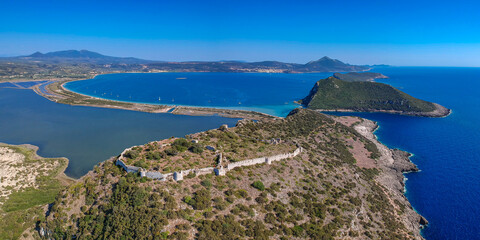 Aerial panoramic view over the ancient venetian castle paleokastro near Voidokilia beach in Messenia, Greece