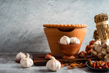Various fresh vegetables and spices on wooden table, Thai food concept