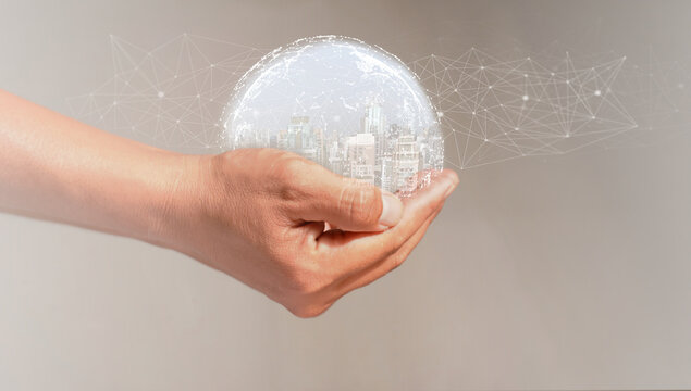 Abstract Man Hand Holding Globe Building Virtual Tall Building Big Data Technology Implementation Concept Internet World Network Vintage Background With Copy Space