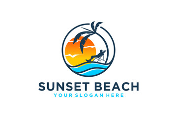 Beach logo sunset scene palm coconut tree with sun chair relaxation summer illustration icon symbol