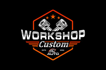 Automotive piston workshop logo design modern badge style custom car service engine tune up icon symbol illustration - obrazy, fototapety, plakaty