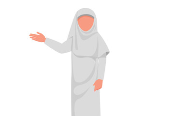 Business flat cartoon style drawing Arab businesswoman in white hijab presenting financial report. Female manager showing something or present new business project. Graphic design vector illustration