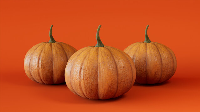 Contemporary Fall Image with a collection of Pumpkins on Orange background.
