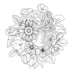 vector drawing natural background with bird and flowers, black and white coloring page, hand drawn illustration