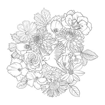 vector drawing natural background with bird and flowers, black and white coloring page, hand drawn illustration