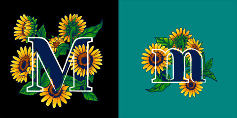 Summer Themed Letter M Illustration with Sunflower Hand Drawn