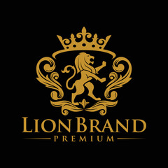 Luxury Lion crest heraldry logo. Elegant gold heraldic shield icon. Premium brand identity emblem. Royal coat of arms company label symbol. Modern vector illustration.