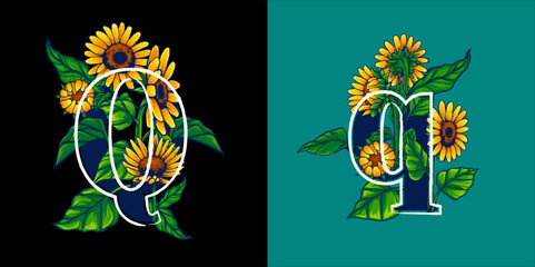 Summer Themed Letter Q Illustration with Sunflower Hand Drawn
