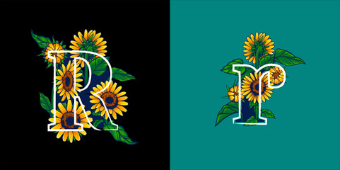 Obraz premium Summer Themed Letter R Illustration with Sunflower Hand Drawn