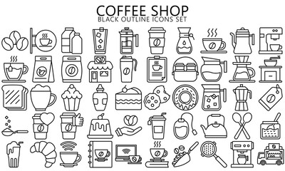 coffee shop icon set, hot cup, coffee to go, cafe, green tea, sandwich, shop, ice, cocktail, coffee maker, iced, french press, mill, pot, machine, beans, paper. vector eps 10 ready convert to SVG.