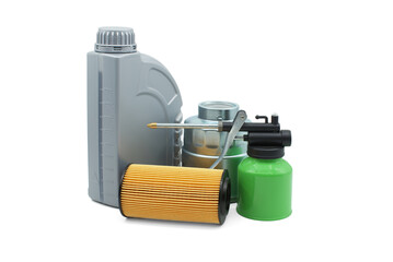 Motor oil and oil filters over white background