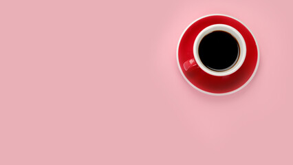 Coffee in red cup on color background.