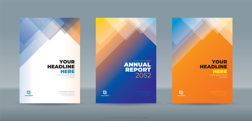 Modern random transparent triangle shape blue and orange color theme book cover template for annual report magazine