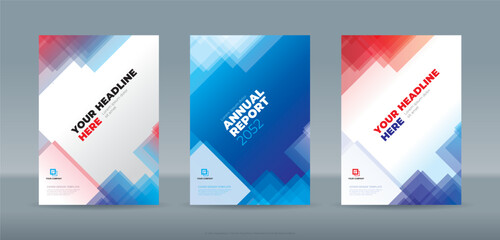 Fototapeta premium Modern random transparent triangle shape blue and red color theme book cover template for annual report magazine