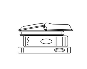 Stacks of Books for Reading and Education with an Open Book on Top in Doodle Style. Vector Flat Illustration, Isolated, Cartoon.