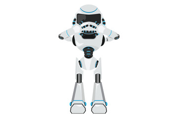 Business flat drawing robot covering mouth with hands. Expression of fear, scared in silence, secret. Humanoid robot cybernetic organism. Future robotic development. Cartoon design vector illustration