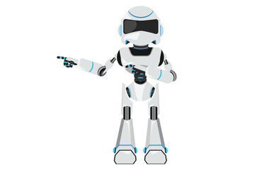 Business flat cartoon style drawing robot pointing away hands together and showing or presenting something while standing. Modern robotic artificial intelligence. Graphic design vector illustration