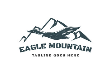 Retro Flying Eagle Falcon Hawk with Iceberg or Ice Mountain Logo Design Vector