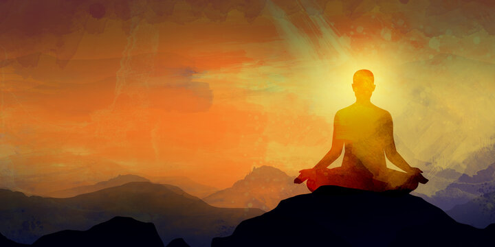 Silhouette lotus position and space, meditation, yoga background with text space 