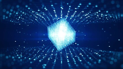 Blockchain network concept. Big data connection digital cube on digital data background with cloud icon and padlock Demonstrate the concept of cybersecurity or data privacy. seamless loop. 3D Render. - Powered by Adobe