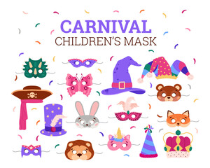 Carnival children's masks set, cute animal Halloween masks - cartoon flat vector illustration isolated on white.