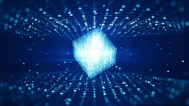 Blockchain network concept. Big data connection digital cube on digital data background with cloud icon and padlock Demonstrate the concept of cybersecurity or data privacy. seamless loop. 3D Render.