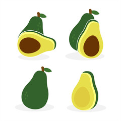 et of fresh avocado, half, cut slice and leaves avocado isolated on white background. flat illustration of avocado for food and drink product , menu list and other business purpose