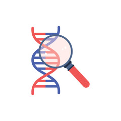 Abstract DNA helix research with magnifying glass, flat vector illustration isolated on white background.