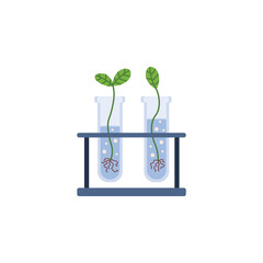 GMO concept with plants growing in flask tube, flat vector illustration isolated on white background.