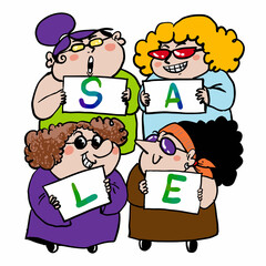 cartoon women holding placards selling various products