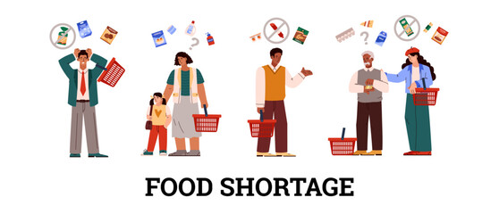 Food crisis and shortage, sad people in supermarket, flat vector illustration isolated on white.