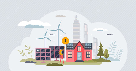 Renewable energy sources with solar or wind power tiny person concept. Electricity production from sun panels or turbines as nature friendly, sustainable and environmental solution vector illustration