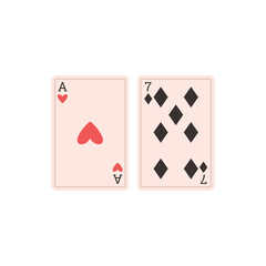Playing cards - red heart ace and black diamond seven, flat vector illustration isolated on white background.