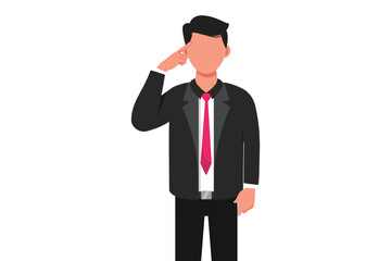 Obraz premium Business flat cartoon style drawing businessman holding or touching finger on forehead. Thoughtful male manager thinking and looking up. Modern lifestyle concept. Graphic design vector illustration