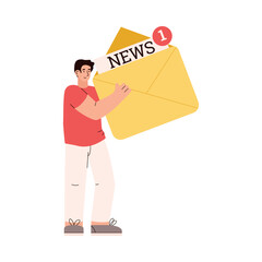 Smiling young man holding big yellow envelope with news flat style