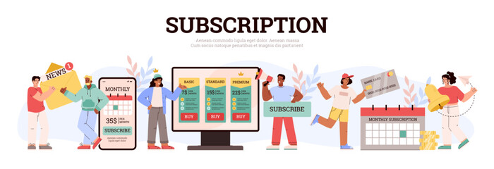 Subscription concept banner with people choosing subscription plan, flat vector illustration on white background.