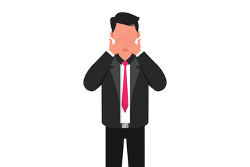 Business flat drawing businessman keep secret be quiet concept. Keeping mouth shut. Shocked man covering mouth with both hands. Male worker covering mouth with hand. Cartoon design vector illustration