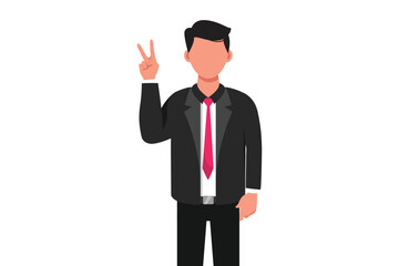 Business design drawing businessman showing peace gesture with fingers. Male character with victory sign. Expression of feelings and emotions. Body language. Flat cartoon style vector illustration