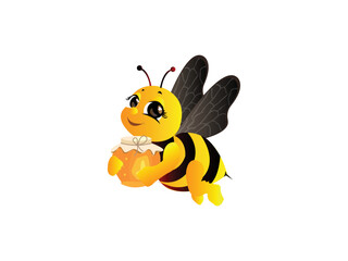 Cute Bee Mascot Character Vector illustration. Cartoon Bee Happy Flying with Honey bee Pot emblem isolated on white background, Flat style for graphic and web design, logo.