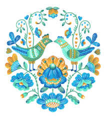 Decorative oval element with birds and flowers in Scandinavian folk style. The colors used are blue, mint and yellow. Drawing in gouache. Isolated image on a white background.   