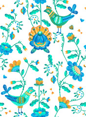 Seamless pattern in folk Scandinavian style. Birds and flowers. The colors used are blue, mint and yellow. Drawing in gouache. Isolated image on a white background.