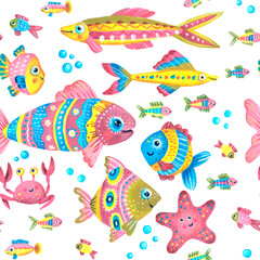 Seamless pattern of funny fish, starfish, crab. Children's illustration. Used pink, yellow, olive and blue colors. Drawing in gouache. Isolated image on a white background.