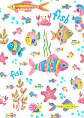 Seamless pattern of funny fish, starfish, crab and lettering. Children's illustration. Used pink, yellow, olive and blue colors. Drawing in gouache. Isolated image on a white background.