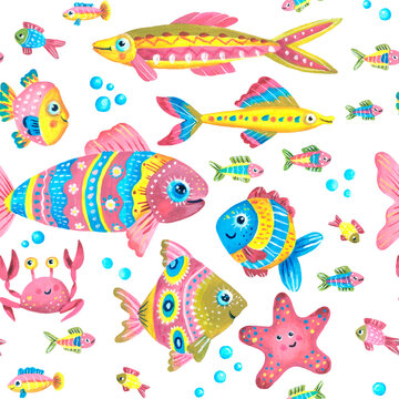 Seamless pattern of funny fish, starfish, crab. Children's illustration. Used pink, yellow, olive and blue colors. Drawing in gouache. Isolated image on a white background.